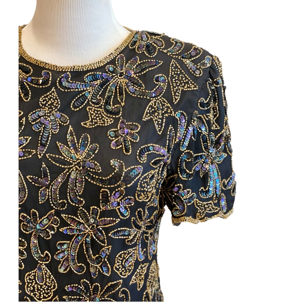 Vintage Papell Beaded Sequin Silk Top Evening Special Occasion S Black Gold